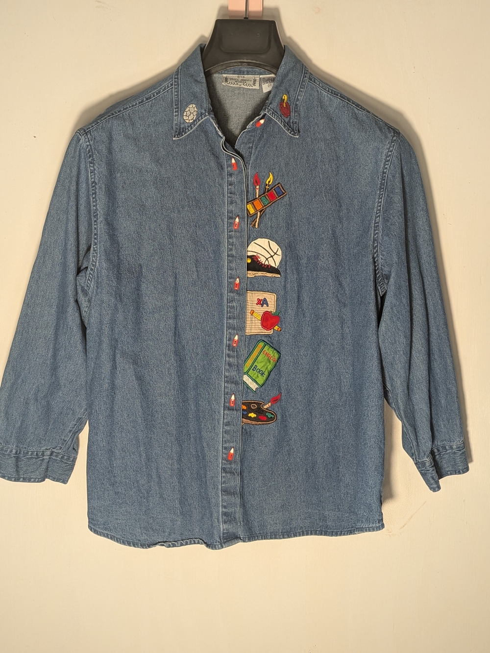 VTG Sara Studio Woman Embroidered Denim Teacher Shirt Plus Size 2X Cotton